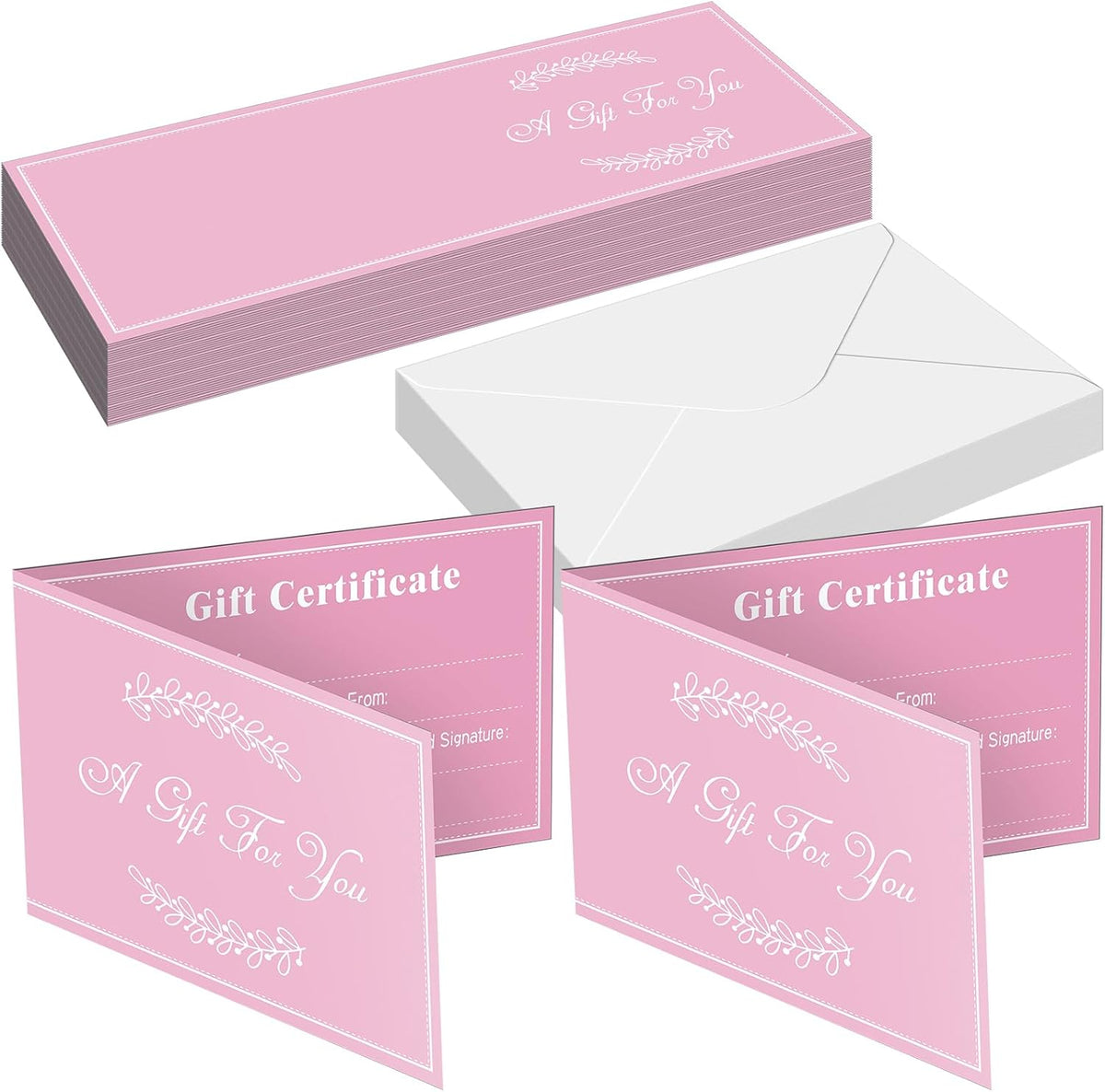 Sinmoe 50 juegos de certificados de regalo para negocios, tarjetas de certificado de regalo en papel kraft en blanco con 50 sobres para salones de belleza, restaurantes, negocios, cumpleaños, clientes, bodas, 3.9 x 5.9 pulgadas (rosa, clásico)