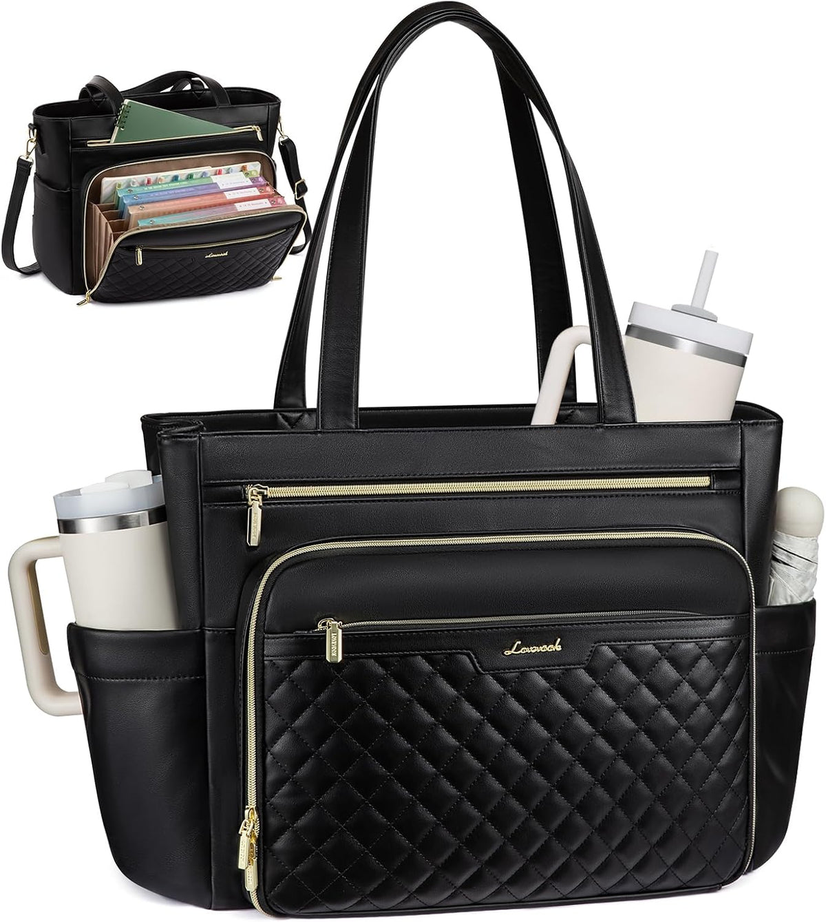 Bolso Tote LOVEVOOK para Maestras | Con Bolsillo Tipo Acordeón para Documentos | Cuero PU Suave | Maletín de Trabajo Acolchado con Porta Vaso