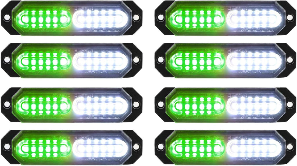 ASPL 8 Luces Estroboscopicas Ultra Delgadas 12 LED con Sincronizacion | Montaje en Superficie para Camion, Auto y Vehiculo | Baliza de Emergencia (Verde/Blanco)