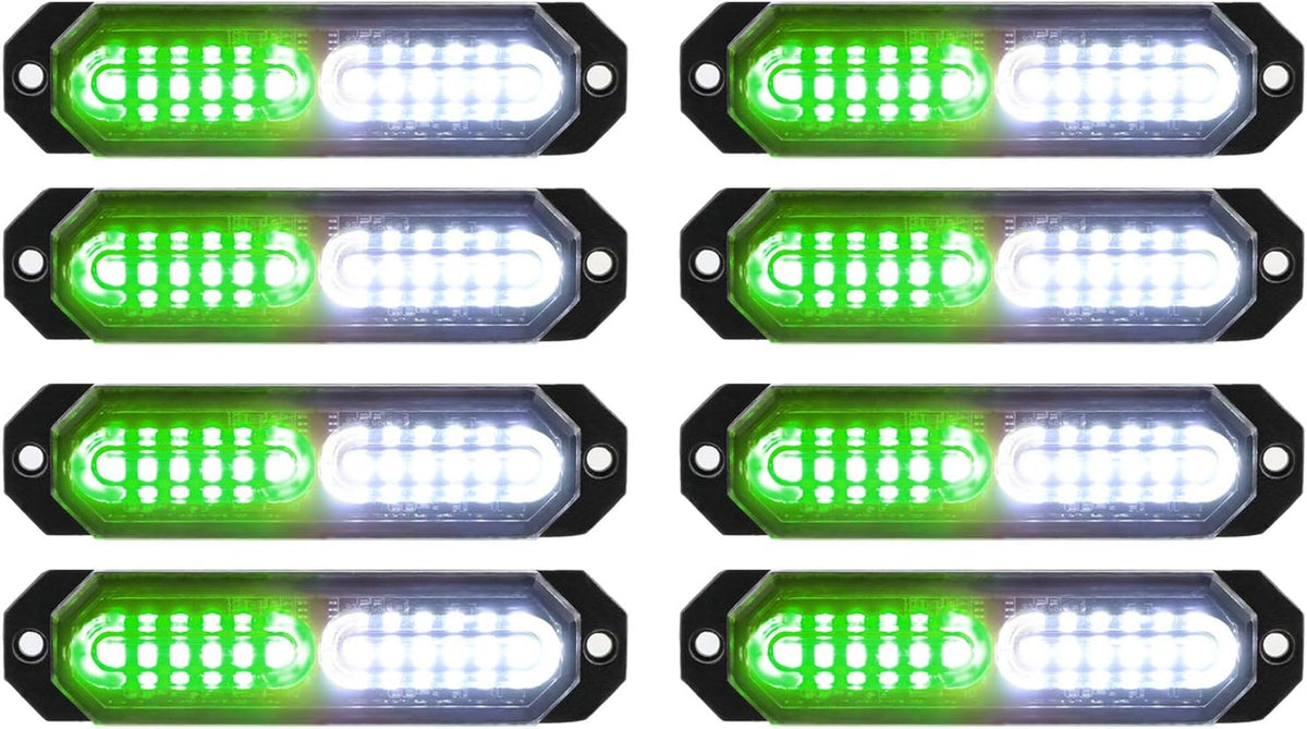 ASPL 8 Luces Estroboscopicas Ultra Delgadas 12 LED con Sincronizacion | Montaje en Superficie para Camion, Auto y Vehiculo | Baliza de Emergencia (Verde/Blanco)
