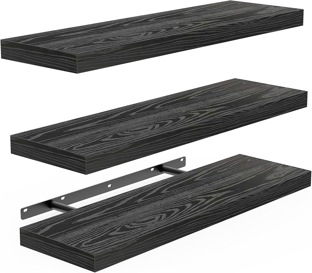 Estantes flotantes BAYKA para pared, estantes rústicos de madera para baño, dormitorio, sala de estar, cocina, estante colgante para libros/almacenamiento/decoración de habitaciones con capacidad de 22 libras (negro, juego de 3, 15.7 pulgadas)
