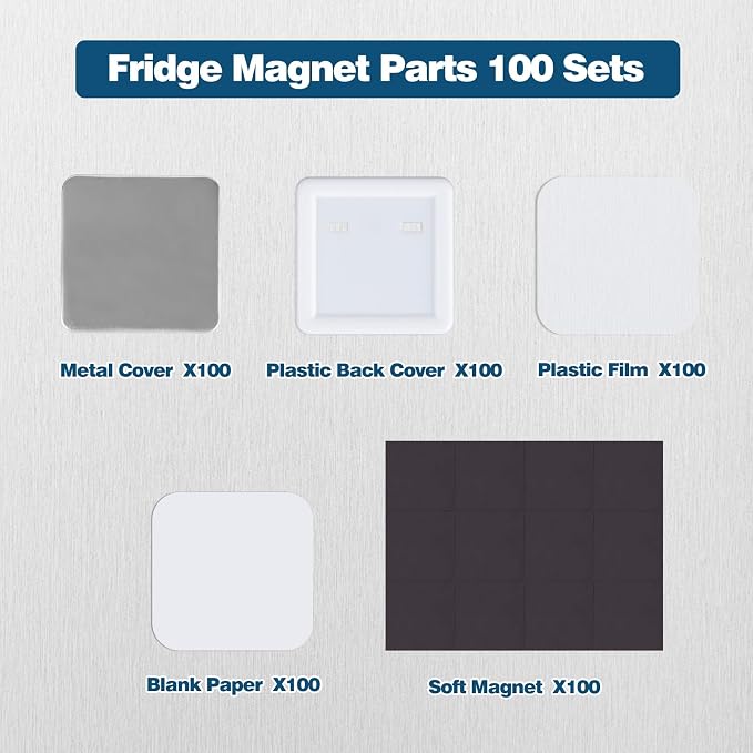 100 Sets Insumos Happizza para Máquina de Botones Cuadrados 50mm — Imán de Refrigerador, Cubierta Metálica, Film y Papel