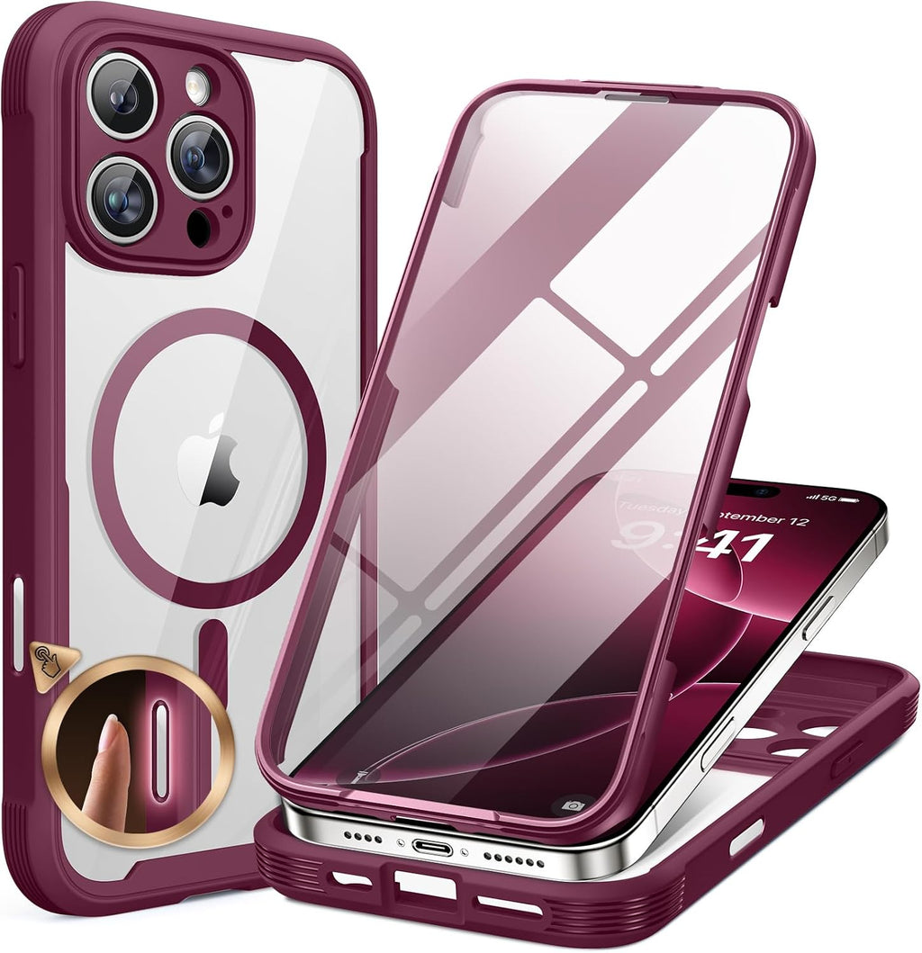 Miracase Funda para iPhone 16 Pro Max de 6.9 pulgadas | Cuerpo Completo con Protector de Pantalla y Lente de Vidrio Integrado | Compatible con MagSafe | Antichoque | Ciruela