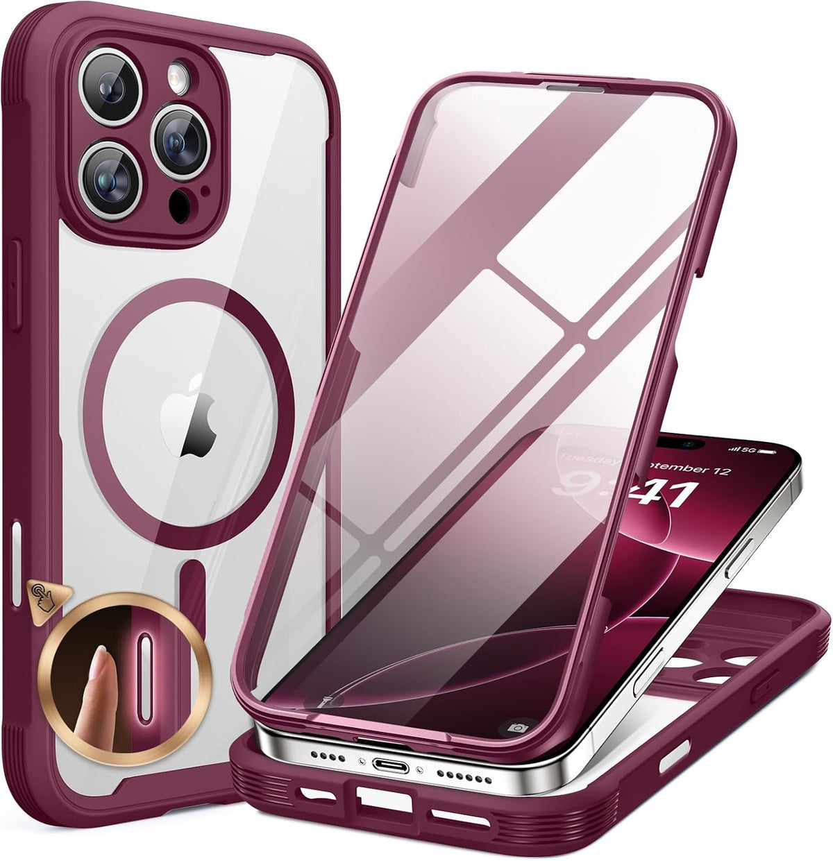 Miracase Funda para iPhone 16 Pro Max de 6.9 pulgadas | Cuerpo Completo con Protector de Pantalla y Lente de Vidrio Integrado | Compatible con MagSafe | Antichoque | Ciruela