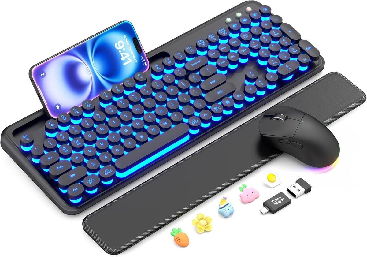 Combo de teclado y ratón inalámbricos: teclado retroiluminado tipo máquina de escribir con reposamuñecas magnético y soporte para teléfono, teclas redondas iluminadas, conjunto inalámbrico de 2,4 GHz para Mac, Windows, PC, portátil, SABLUTE