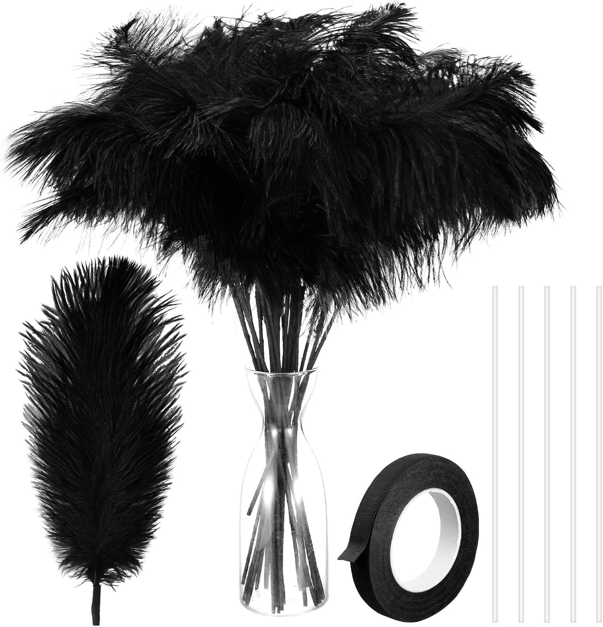 80 Plumas de Avestruz Naturales a Granel 8-12 Pulgadas | Para Jarrones | Incluye 80 Alambres y 1 Cinta | Arreglos Florales, Bodas y Centros de Mesa | Negro