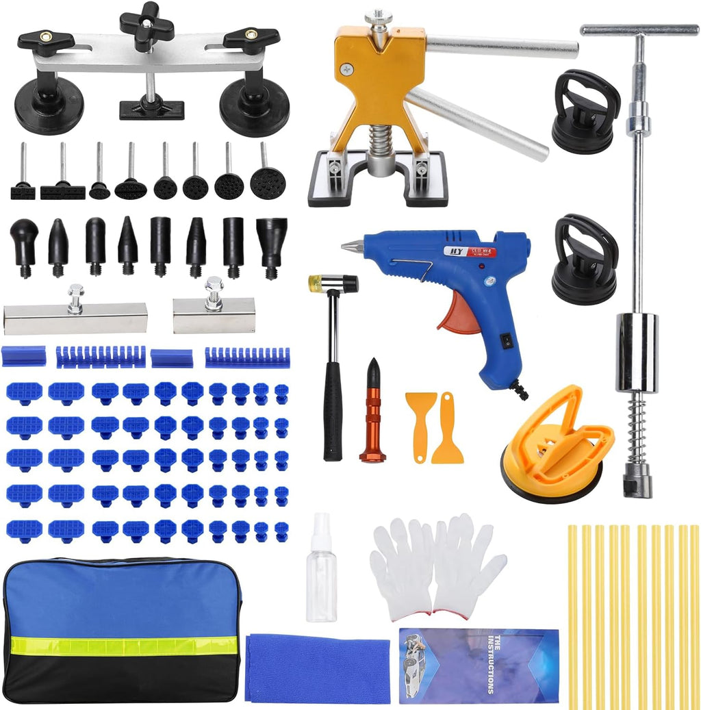 Kit de 97 piezas para extraer abolladuras, kit de reparación de abolladuras sin pintura para carrocería con extractor dorado, extractor de abolladuras en T con martillo deslizante, extractor de puente, ventosa y pistola de pegamento para eliminar