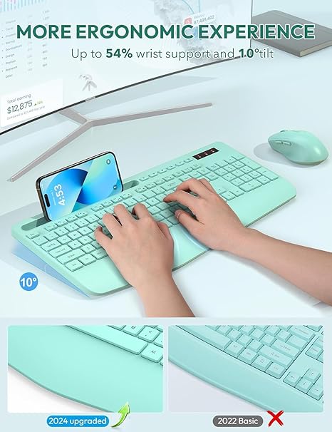 Teclado y Mouse Inalámbrico SABLUTE Ergonómico – Con Descansapuños, Soporte para Teléfono y Baterías Incluidas, Color Verde Menta