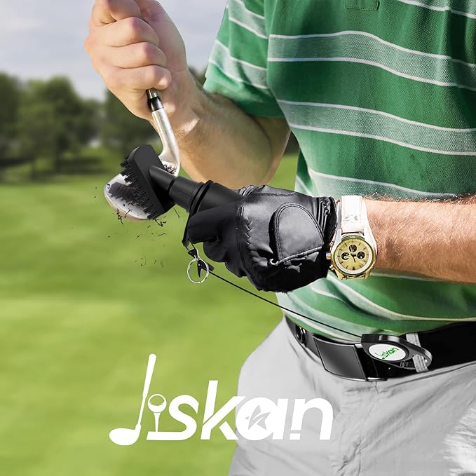 iskan Limpiador de Cepillo para Palos de Golf Pro con Clip Retenedor y Botella de Agua Exprimible de 7.5 Pulgadas Contiene 4 Onzas de Agua, Accesorios Esenciales de Golf para Hombres, Los Mejores