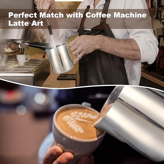 Jarra de espuma de leche, taza espumadora de leche al vapor, jarra de leche de barista capuchino latte Art con bolígrafo decorativo, accesorios de barra de café espresso de acero inoxidable (plata, 14 onzas)