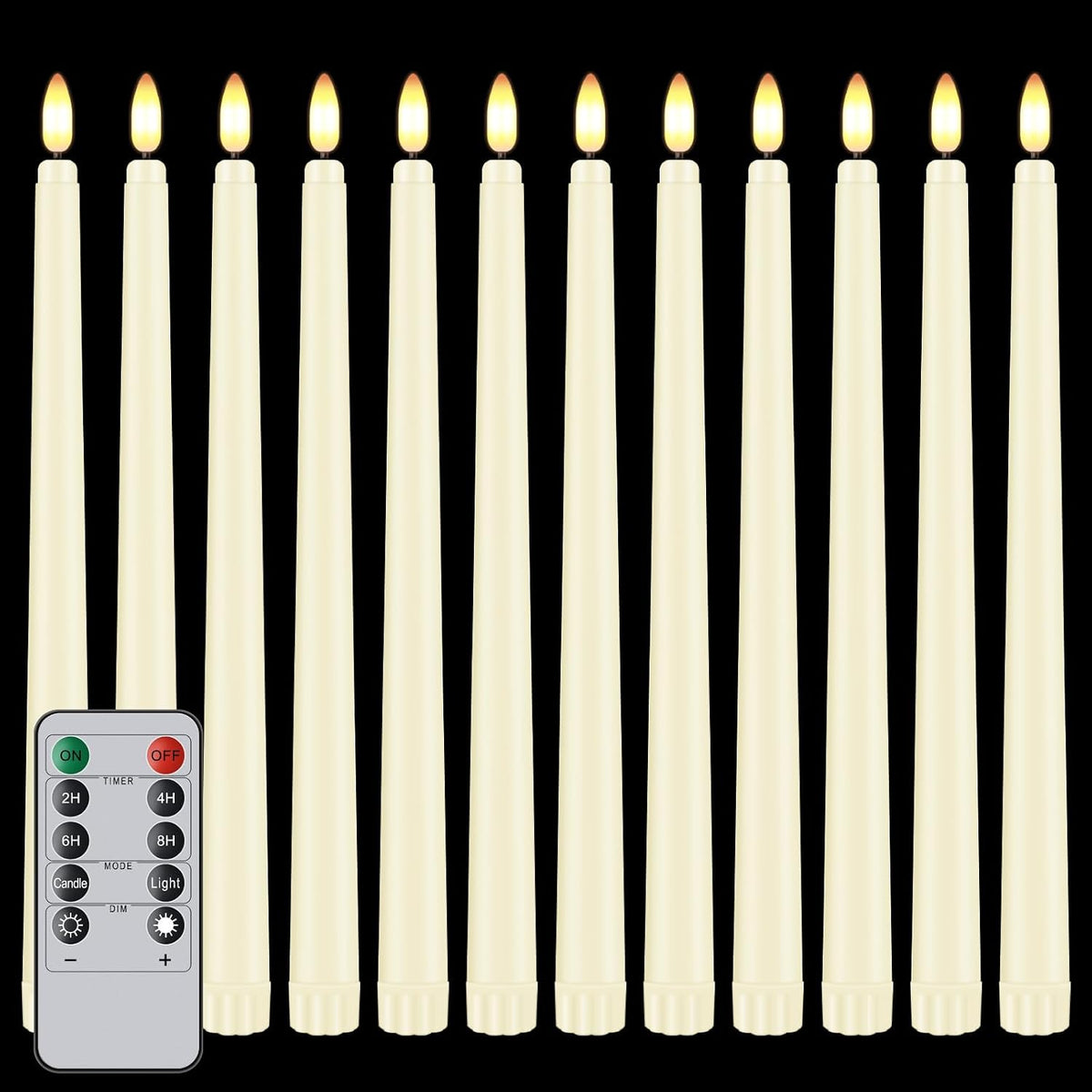 Velas Cónicas LED Hopule 12 Piezas | Sin Llama con Parpadeo | 11 Pulgadas de Largo | A Pilas con Control y Temporizador | Plástico Marfil | Para Boda, Fiesta y Navidad