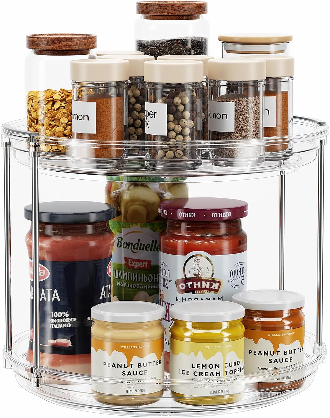 Organizador de Bandeja Giratoria Lazy Susan de 2 Niveles LAMU 23.5 cm, Organizador de Estante de Especias Giratorio para Gabinete, Cocina, Despensa, Encimera, Baño, Tocador, Organizador de Gabinete de Medicinas, Transparente