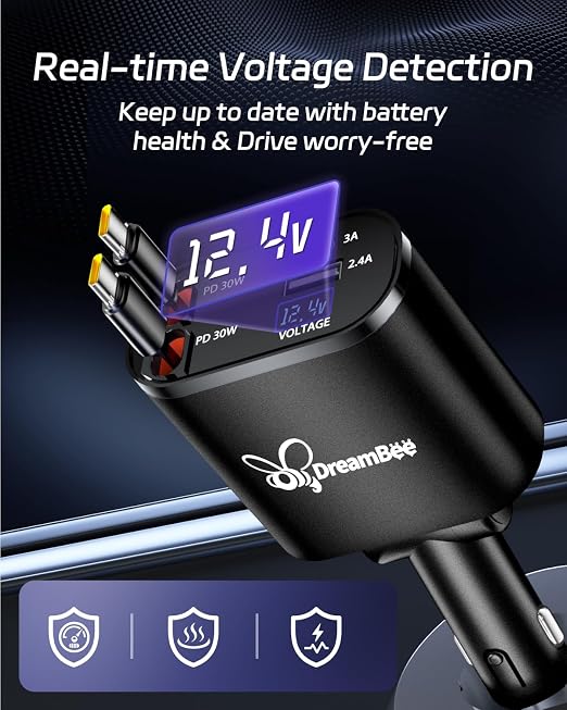 DreamBee Cargador retráctil para automóvil, cargador de teléfono USB para automóvil súper rápido de 66W, cables retráctiles dobles Tipo C, regalos para hombres y mujeres, accesorios para automóvil