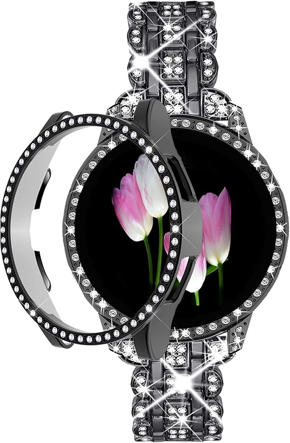 Correa y funda Mtozon Bling Band+ compatible con Samsung Galaxy Watch 7 de 44 mm, correa y funda de repuesto elegantes para mujer para Samsung Watch7, color negro.
