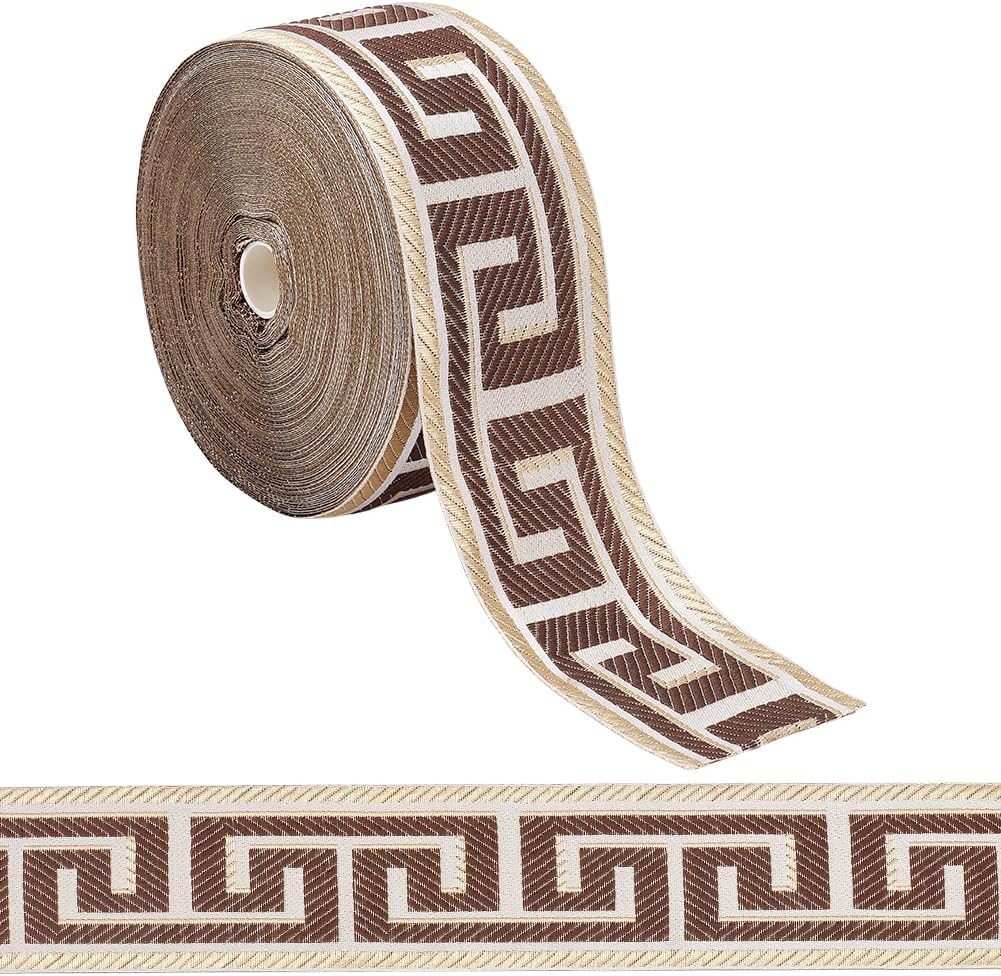 FINGERINSPIRE Cinta para cortinas de 27.34 yardas, 2-3/8 pulgadas de ancho, jacquard con diseño de llave griega marrón, material de poliéster, suministros para manualidades, decoración del hogar, costura, envoltura de regalos y proyectos artísticos.