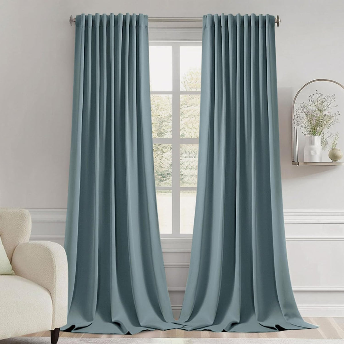 Cortinas Opacas MIULEE Azul Grisáceo 120" de Largo | 2 Paneles Extralargas | Aislamiento Térmico | Bolsillo y Trabillas