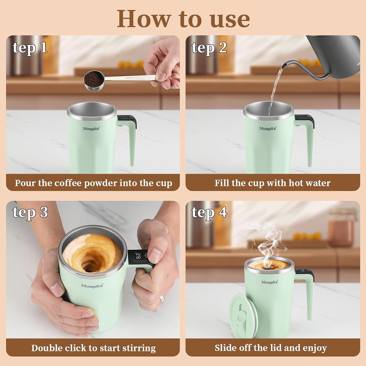 Mongdio Taza de café autoagitable con pantalla de temperatura Fahrenhite, taza de agitación recargable, taza de agitación automática con tapa, para café, leche y otras bebidas, color verde