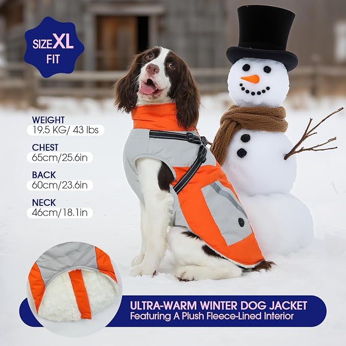 FUAMEY - Chaquetas para perros con arnés integrado e impermeable, chamarra de invierno para perros con cierre en la espalda, ropa para mascotas con bolsillos, chaleco reflectante para perros pequeños, color naranja,