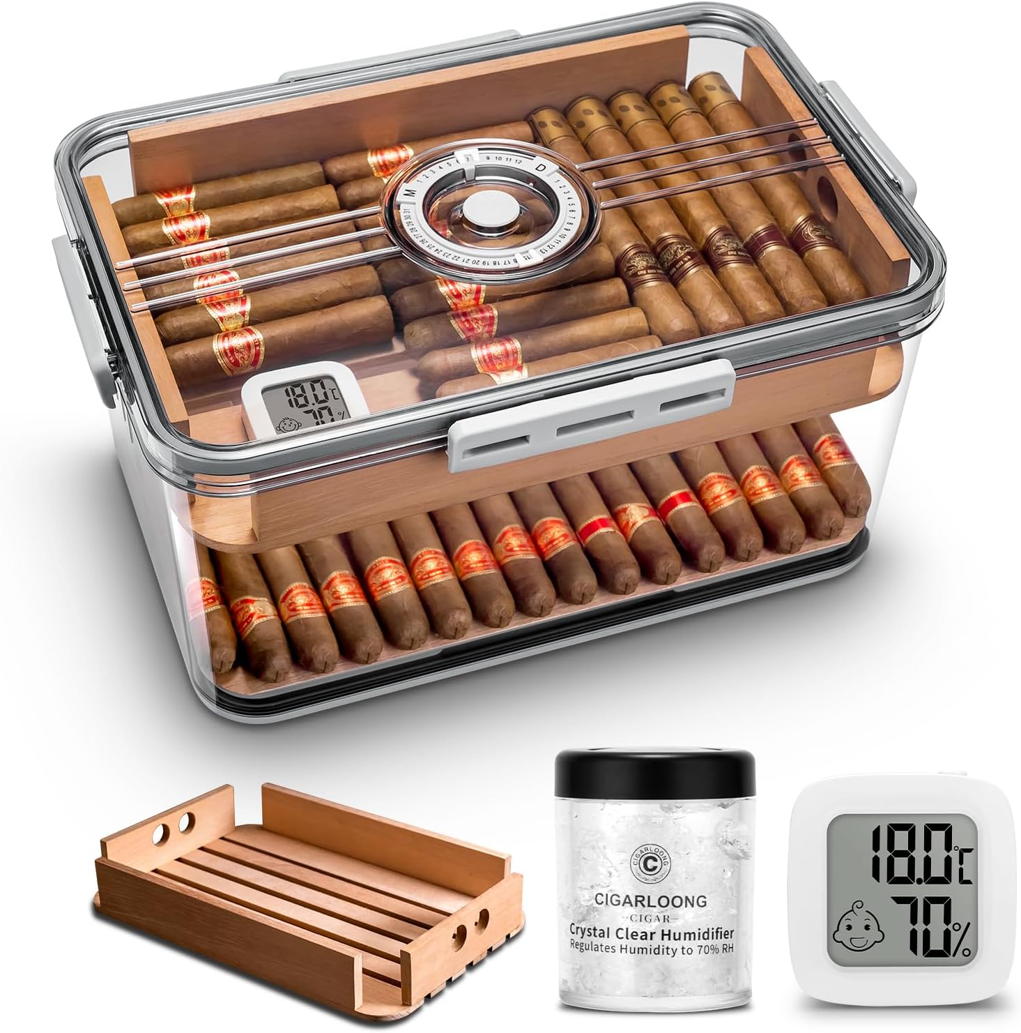 Cigar Humidor Clear Acrylic Humidor Spanish Cedar Shelf Cigar Case Box Portable Airtight Container Holds 80-100 Cigars with Humidifier&Hygrometer Thermometer(Large)