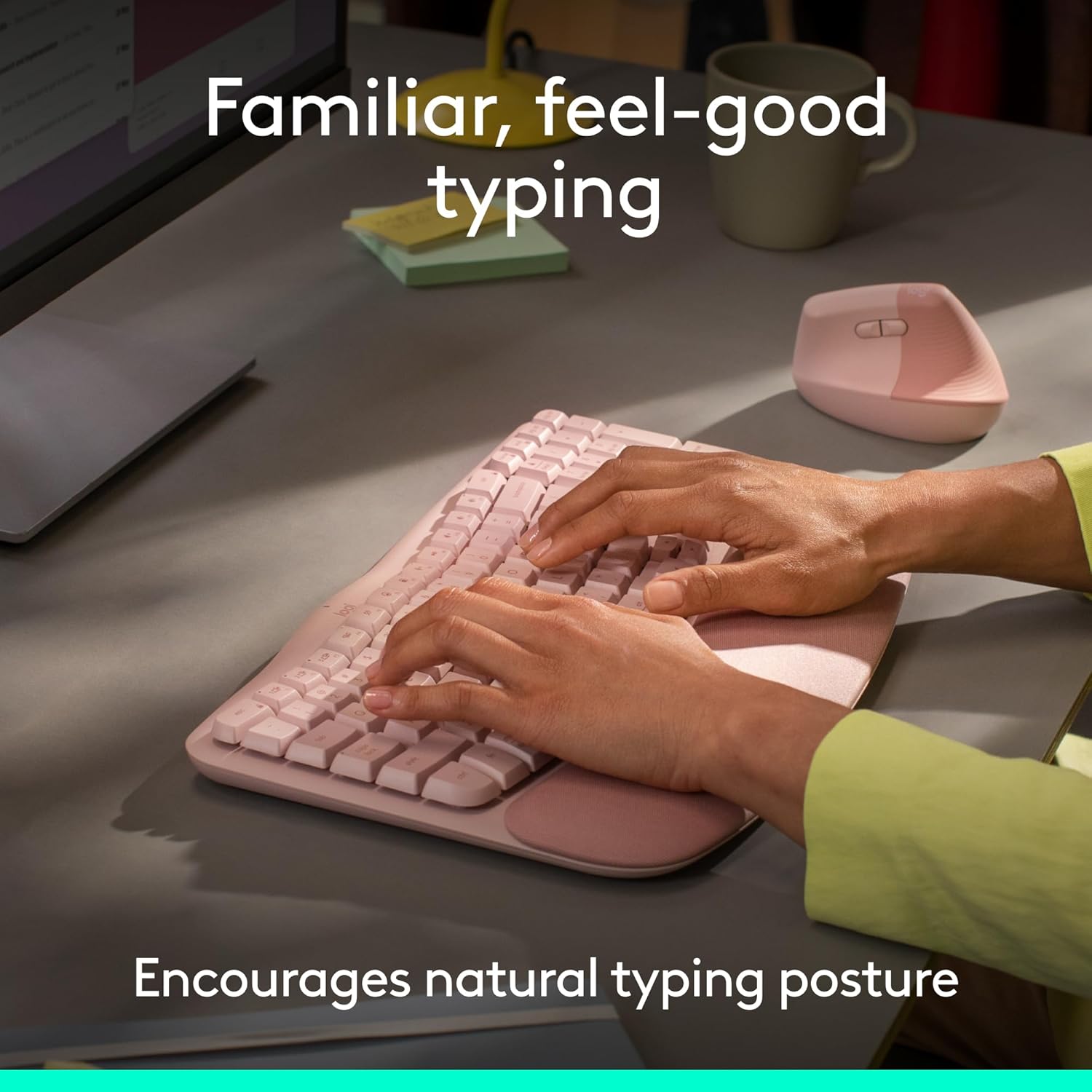 Teclado Ergonómico Inalámbrico Logitech Wave Keys — Reposamuñecas Acolchado, Bluetooth + Logi Bolt, Multi-OS, Rose