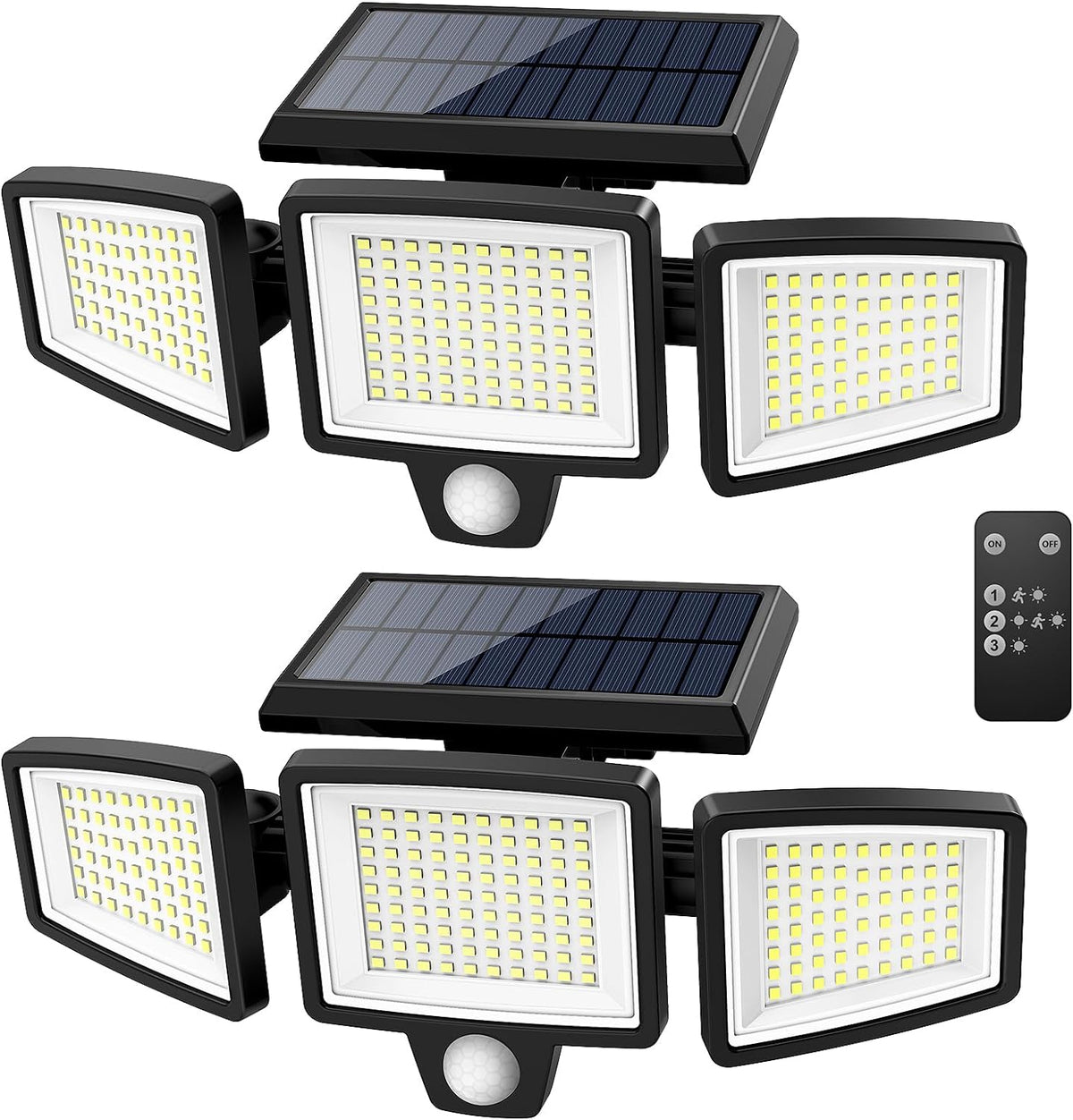 Luces solares para exteriores Tuffenough de 2500 lúmenes, 210 LED, luces de seguridad con control remoto, 3 cabezales con sensor de movimiento, resistentes al agua IP65, focos de pared de gran angular de 270° con 3 modos (paquete de 2).