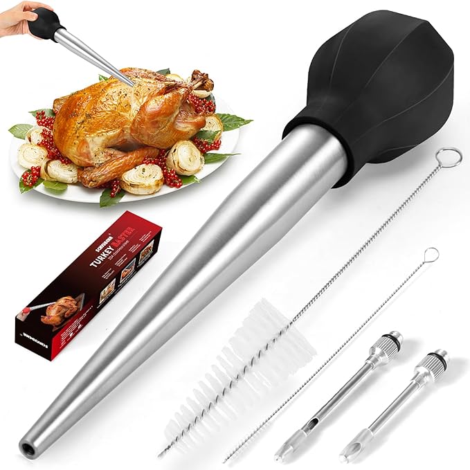 SCHVUBENR Baster grande para pavos con cepillo de limpieza y aguja, herramienta de acero inoxidable para cocinar, fácil de usar y limpiar, jeringa de alta resistencia, artículos esenciales de Acción