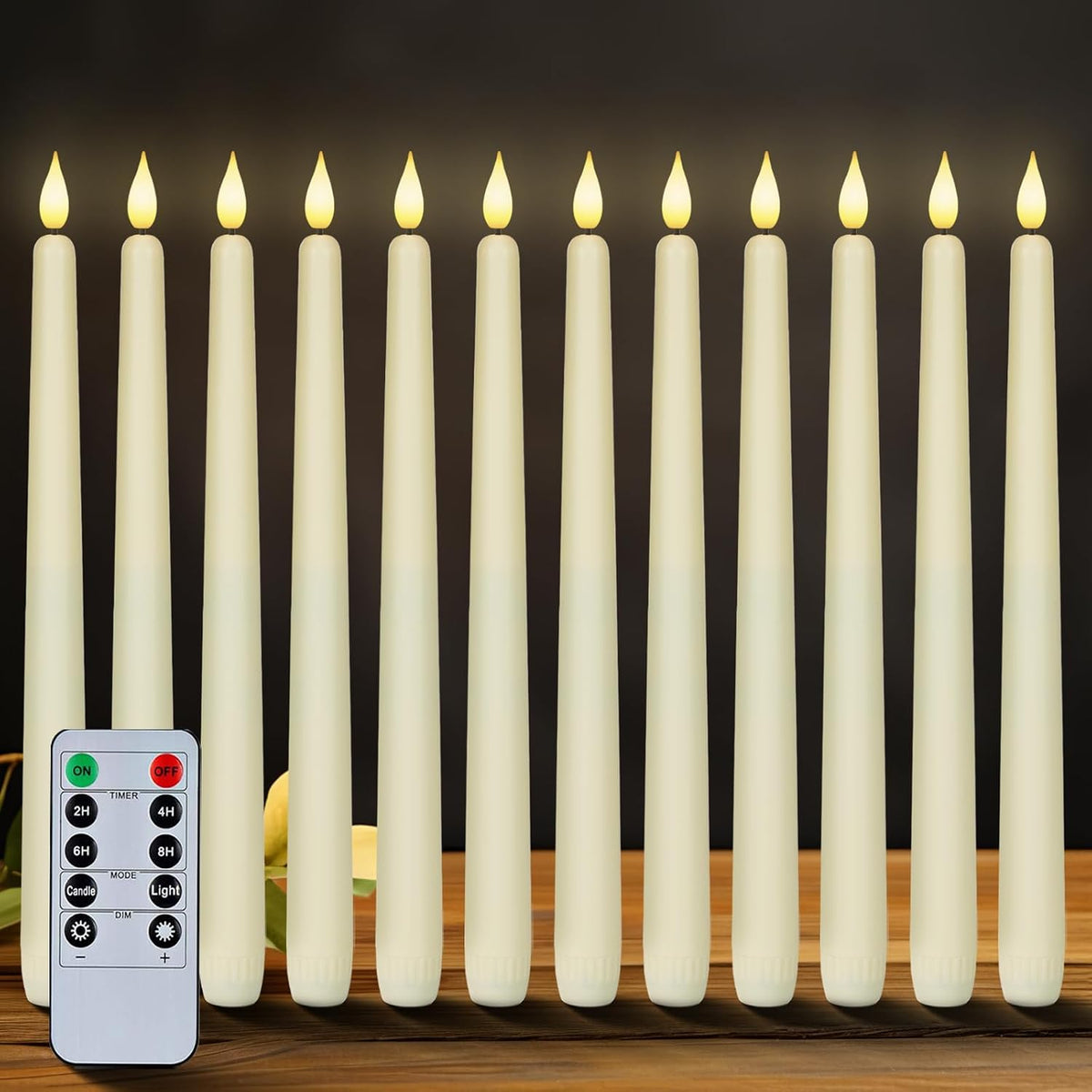 EL CONTROL NO FUNCIONA-Velas Cónicas Homemory 12 Piezas sin Llama con Control Remoto y Temporizador | 11 Pulgadas, Color Marfil, a Batería | LED con Llama Parpadeante para Bodas e Iglesia