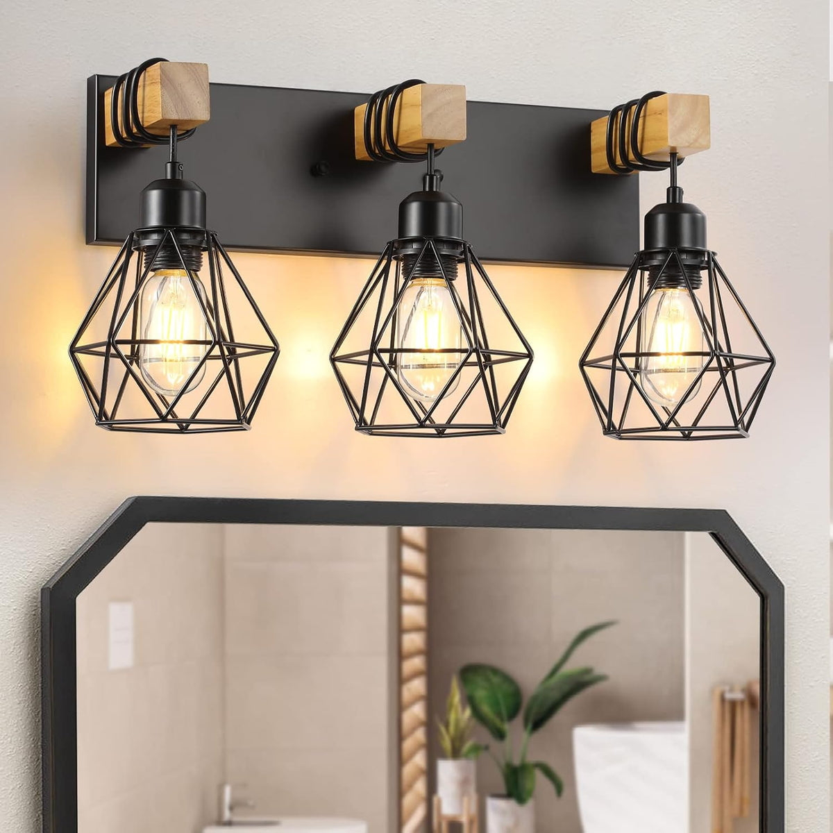 Accesorios Iluminación Tocador Rústico Granja 3 Luces Madera Apliques Pared Pantalla Metal Elegante para Sala Dormitorio Pasillo