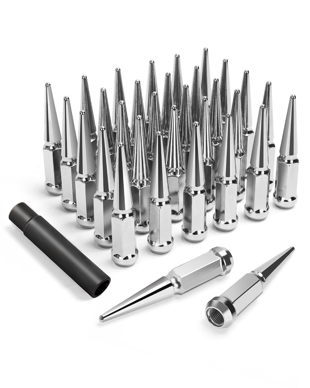 32 Tuercas de Seguridad tipo Spike 14x1.5, 4.4 Pulgadas de Alto | para Chevy Silverado 8 Birlos, Suburban, GMC Sierra, Ford F250 F350 y RAM | Antioxidantes
