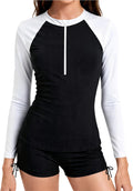 Traje de baño de protección solar para niñas, talla 12 y 14, manga larga, color negro y blanco, traje de baño de dos piezas para adolescentes con protección solar UPF 50+.