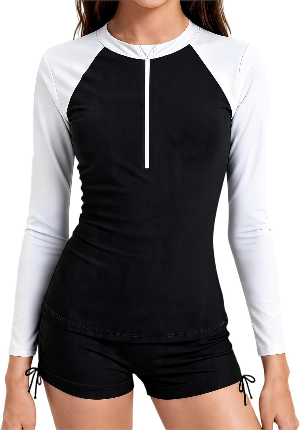 Traje de baño de protección solar para niñas, talla 12 y 14, manga larga, color negro y blanco, traje de baño de dos piezas para adolescentes con protección solar UPF 50+.