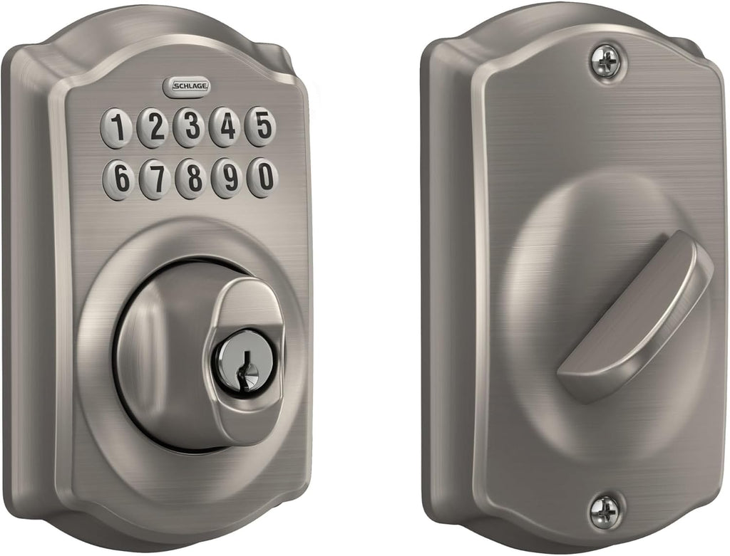 Cerradura electrónica con teclado Schlage Camelot, entrada sin llave para puerta principal, incluye llave mecánica de respaldo, níquel satinado, BE365 V CAM 619