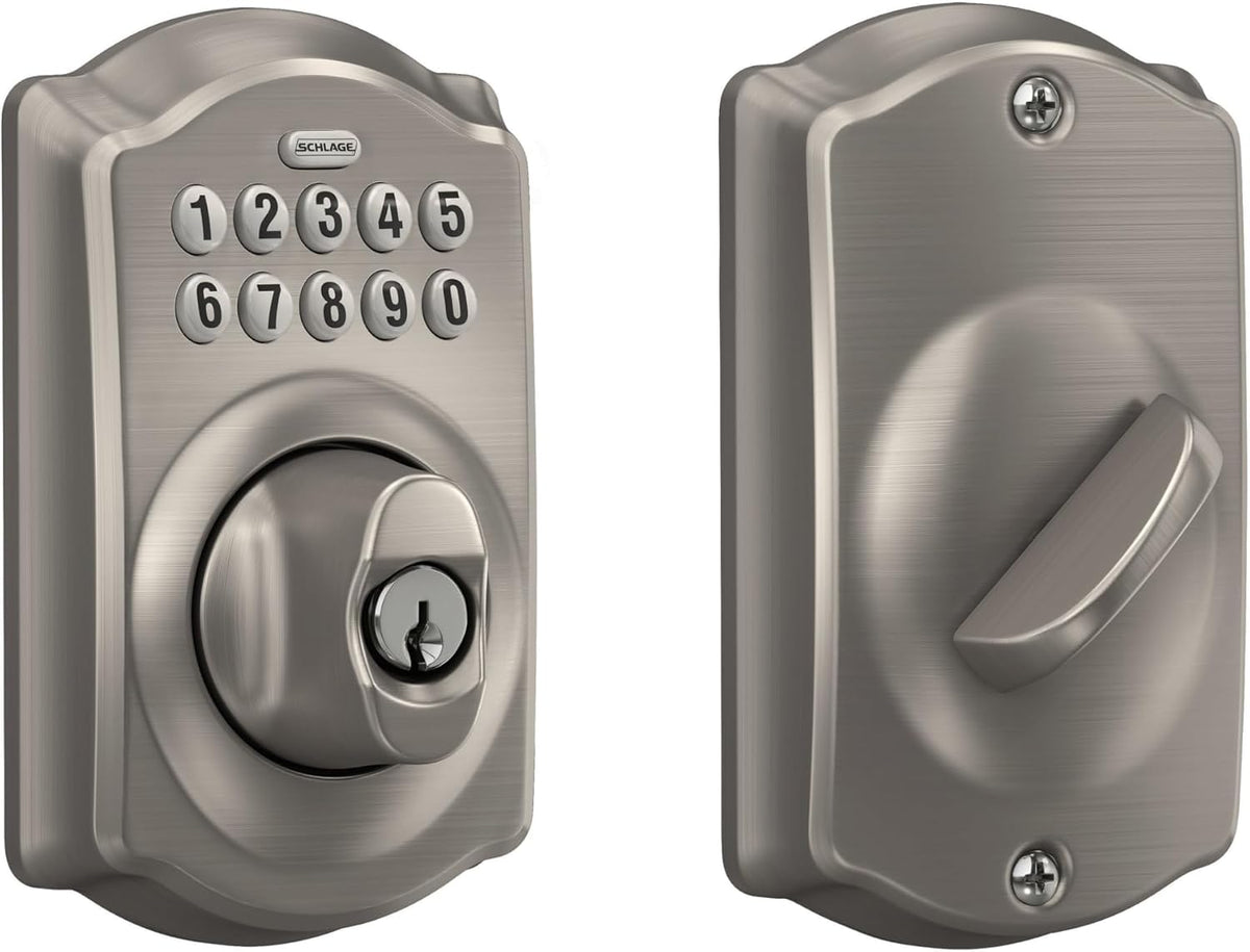 Cerradura electrónica con teclado Schlage Camelot, entrada sin llave para puerta principal, incluye llave mecánica de respaldo, níquel satinado, BE365 V CAM 619