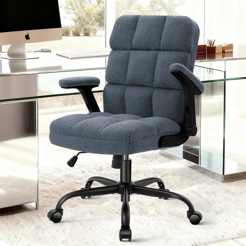 SEATZONE - Silla de oficina con ruedas, ergonómica para oficina en casa con reposabrazos abatible, cómoda silla ajustable con forro polar