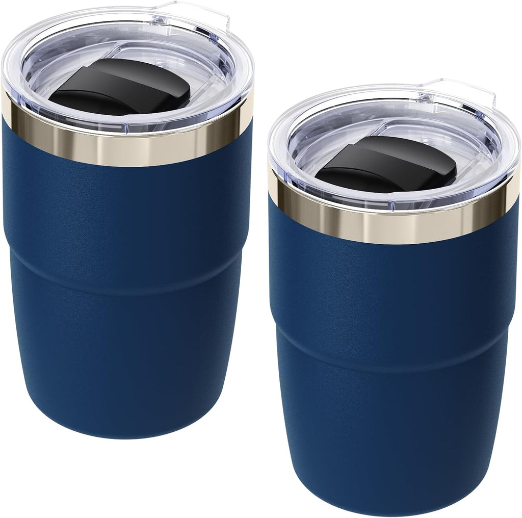 Taza de café pequeña Cafezi de 237 ml con tapa magnética, acero inoxidable 18/8 con revestimiento cerámico, doble pared con aislamiento al vacío, apilable, apta para lavavajillas, mini vaso para llevar, paquete de 2, azul marino