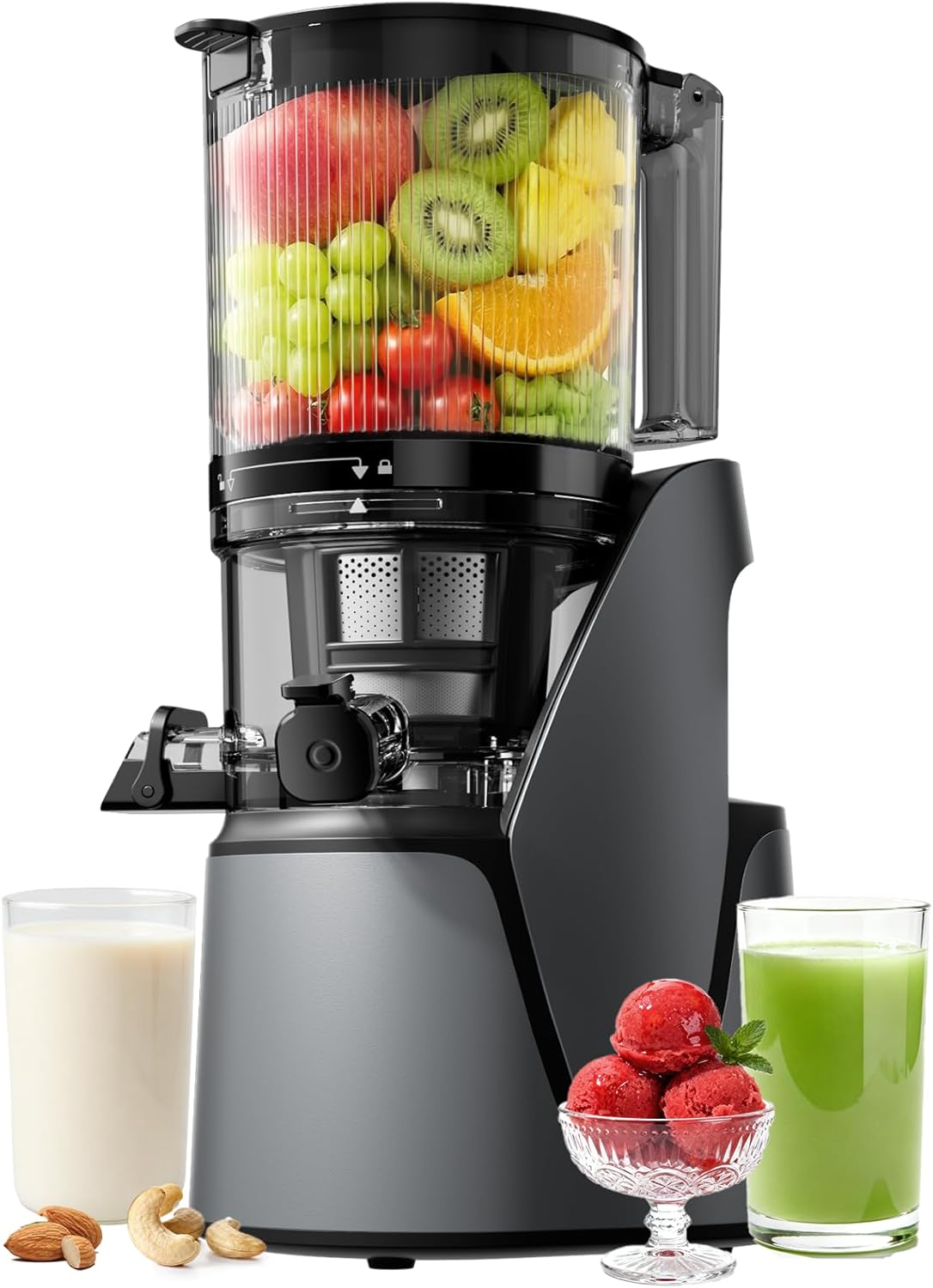 Extractor de Jugos EanOruus 3 en 1 | Prensa en Frío con Boca Extra Grande de 6.5" | Gran Capacidad 100oz | Motor AC | Hace Jugo, Leche Vegetal y Sorbete | Gris Premium