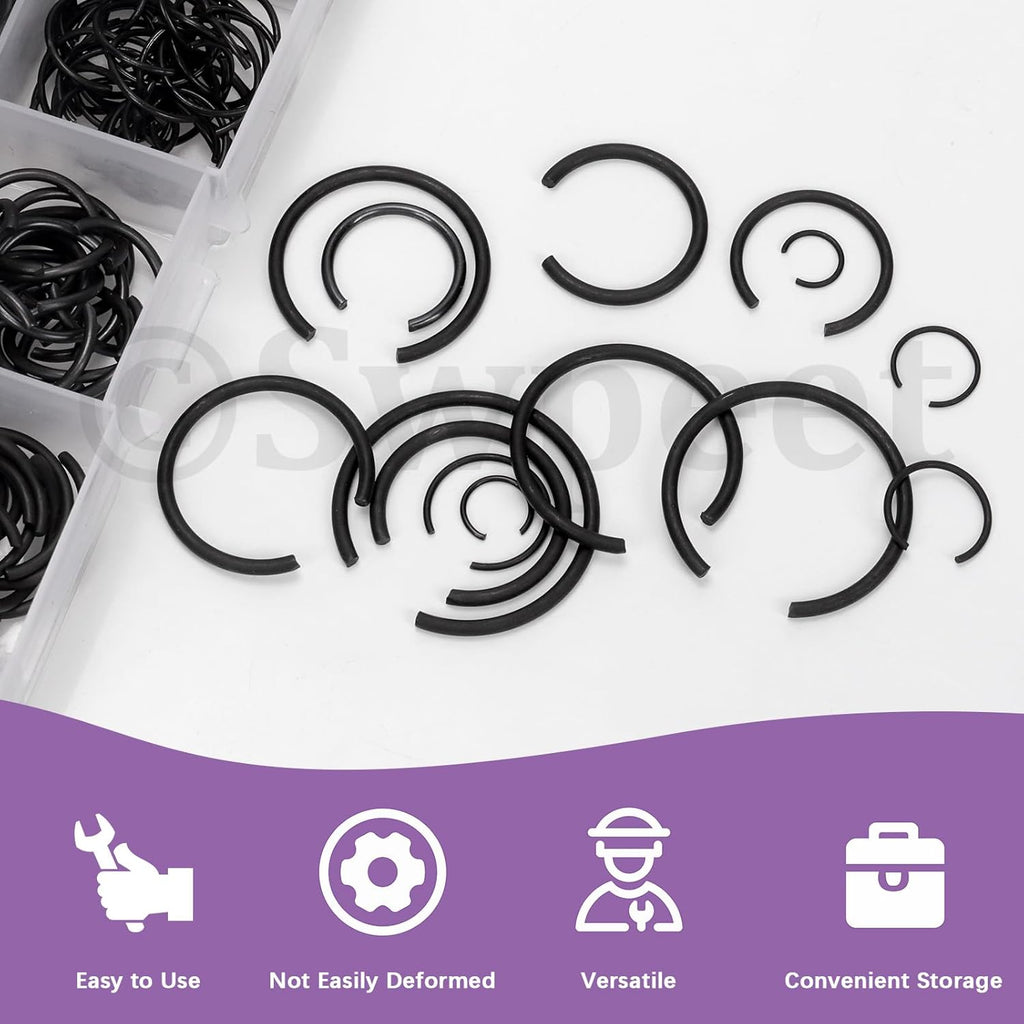 Swpeet 150 piezas 10 tamaños 10 mm-26 mm Acero al carbono para muelles Acero al manganeso Alambre redondo Clips en C Kit surtido de anillos de retención externos, M10 M12 M14 M16 M18 M20 M22 M20 M24 M25 M26 Anillos de retención de alambre redondo para eje