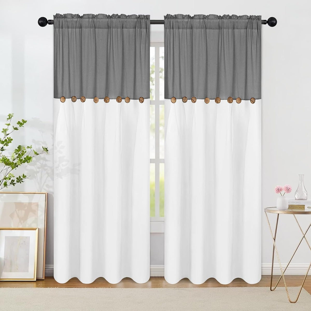 FRAMICS Cortinas de Lino y Algodon Estilo Granja para Sala | Boho con Botones, 84 pulgadas, Set de 2 Paneles | Bolsillo para Barra, 52x84 pulgadas (Gris)