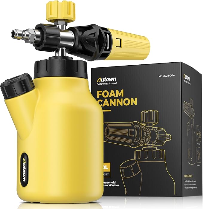 AUTOWN Cañón de espuma para lavadora a presión, rociador de espuma para lavado de autos con conector rápido de 1/4 pulgadas, pistola de espuma de lavado de autos resistente, boquilla ajustable, cuello
