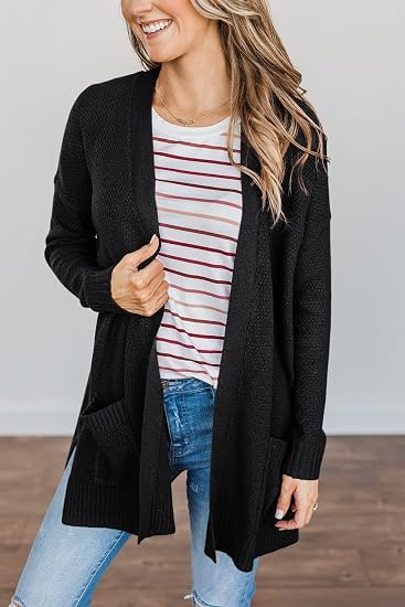 Talla M | MEROKEETY Cárdigan de manga larga para mujer, suéter de punto gofre abierto con bolsillos
