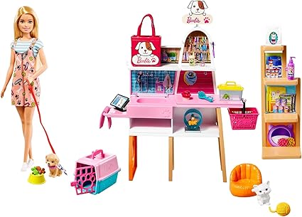 Barbie – Muñeca Rubia y Boutique de Mascotas con 4 Mascotas, Función de Cambio de Color y +20 Accesorios (GRG90)
