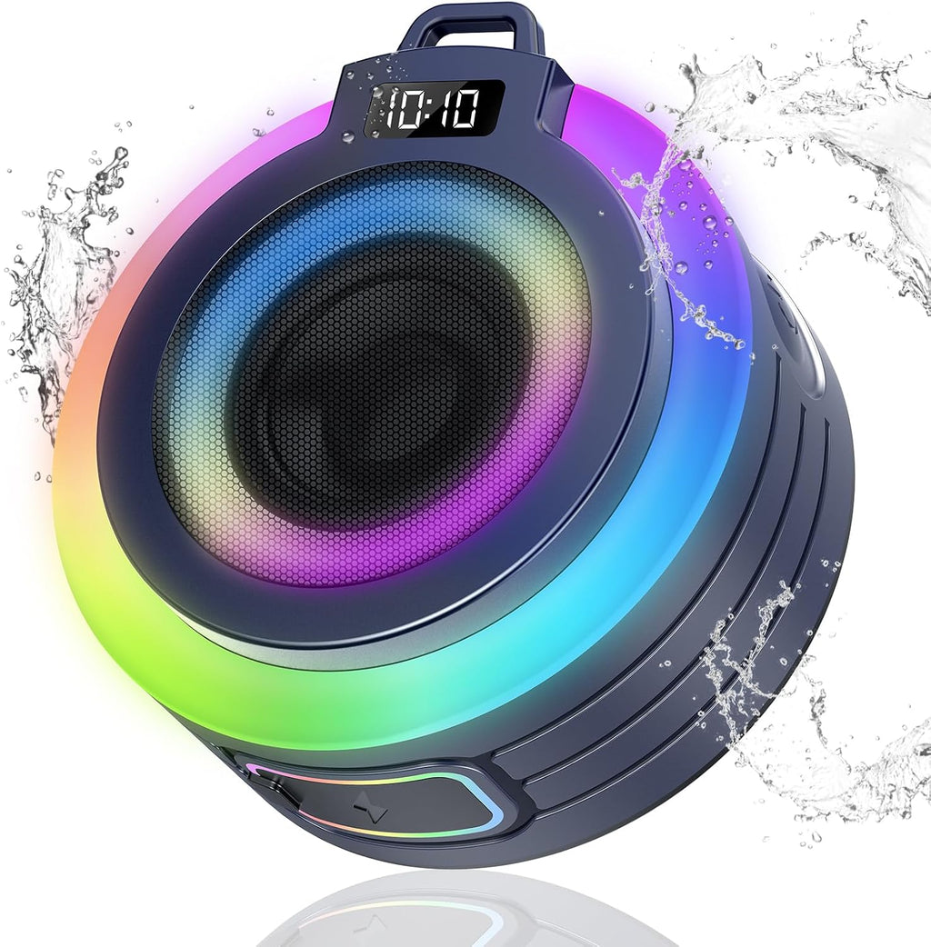 Bocina Bluetooth para Ducha con Sonido Estéreo y Ventosa – IPX7 Impermeable, Bluetooth 5.4, Micrófono Integrado y Cordón | Para Baño, Playa y Fiestas (Azul)