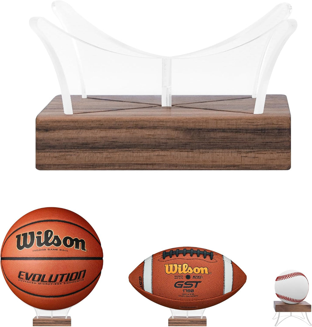 Soporte Exhibidor de Acrílico con Base de Nogal — Para Balones de Basketball, Fútbol, Béisbol, Golf y Tenis, Antideslizante