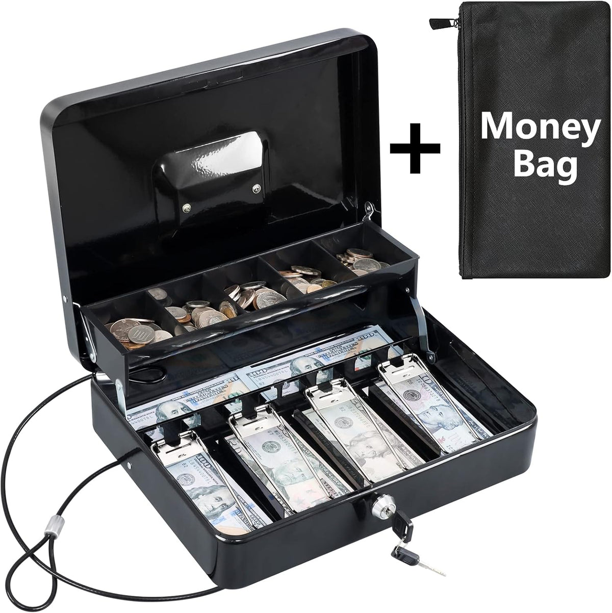 (USADO Y SIN LLAVE NI BOLSA). KYODOLED Caja de Dinero con Bandeja | Cerradura con Llave | Caja Fuerte con Cable de Seguridad y Bolsa Impermeable | 11.81x9.45x3.54 Pulgadas | Negra Extra Grande