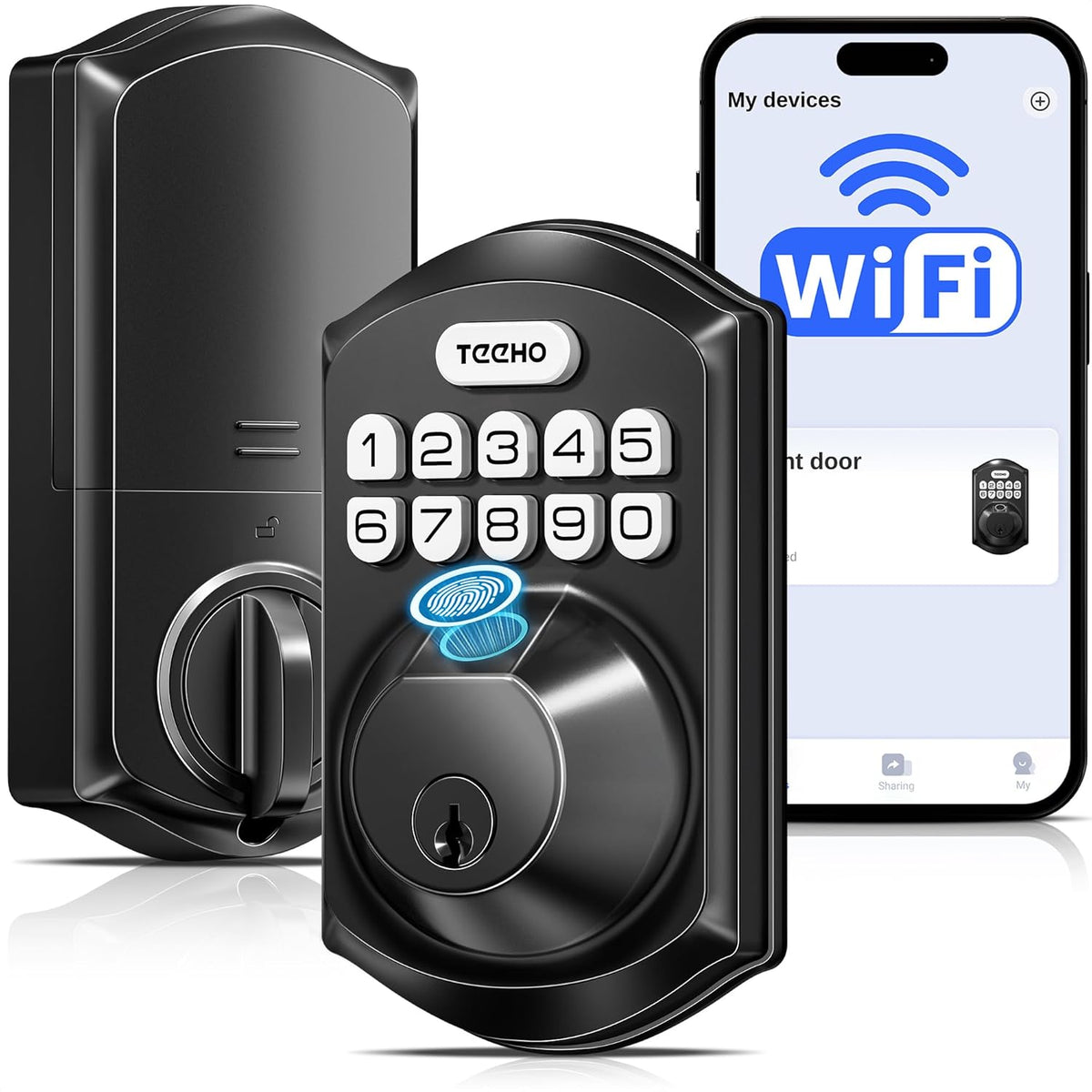 ARTICULO VIENE COMO SE VE EN LA SEGUNDA IMAGEN ) Cerradura Inteligente TEEHO TE012W WiFi | Huella Digital | Teclado sin Llave | Control por App | Alexa | IP55 | Negro Mate