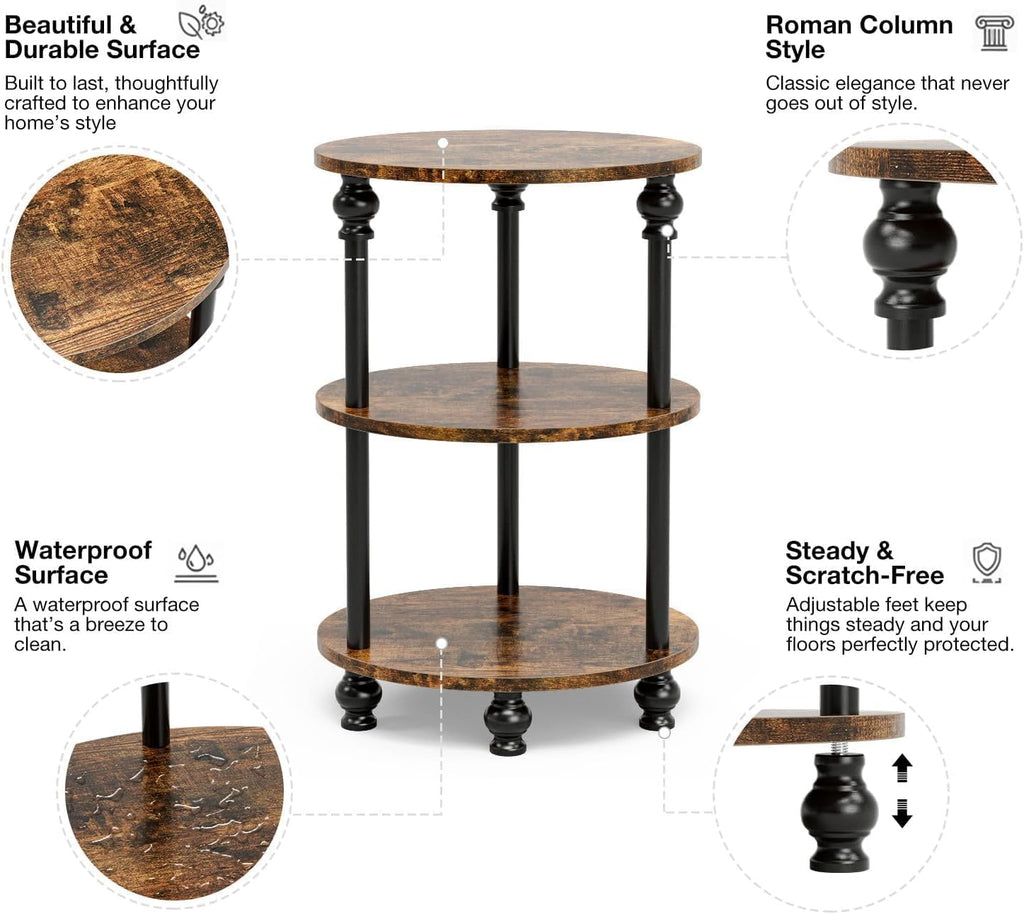 Mesa auxiliar redonda pequeña con patas torneadas clásicas, mesa decorativa ovalada de 3 niveles para espacios pequeños, mesa auxiliar de madera rústica y metal, mesita de noche para dormitorio