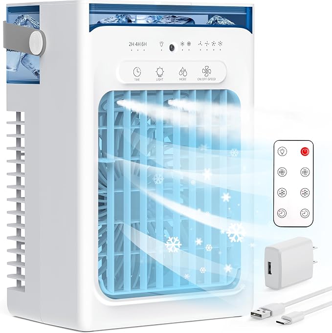 El control remoto NO funciona con este producto.Aire acondicionado portátil, enfriador de aire evaporativo personal mini AC con control remoto, 4 velocidades de viento, temporizador de 2-4-6 horas, 2 modos, luz nocturna colorida