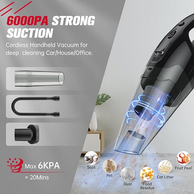 BSRCO Aspiradora de mano recargable inalámbrica, mini aspiradora de automóvil con LED, carga USB, aspiradora de mano de 1.65 libras, sin cable, 25 minutos de tiempo de funcionamiento