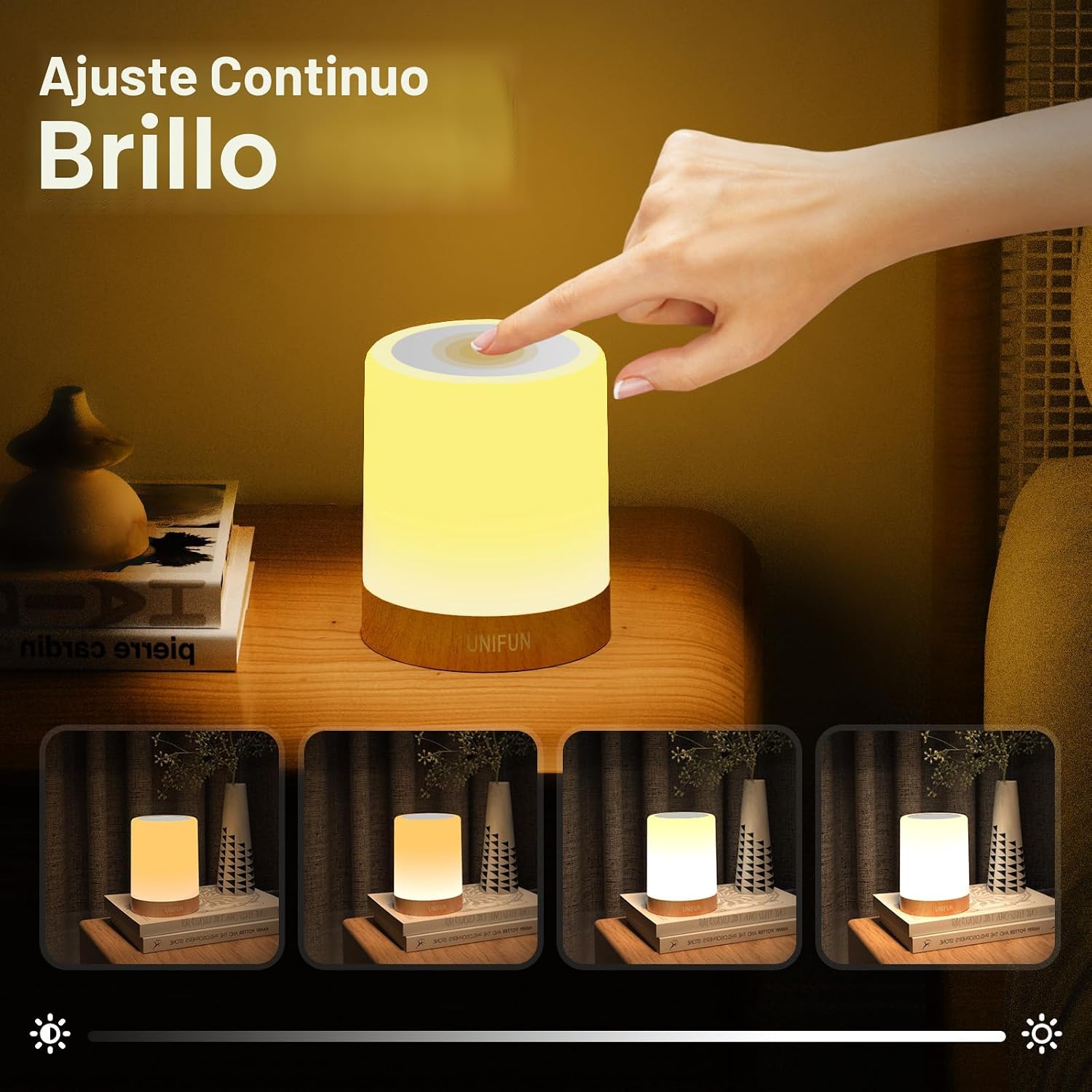 UNIFUN Luz nocturna, lámpara táctil para dormitorios, sala de estar, lámparas de mesa portátiles de cabecera con batería interna recargable, intensidad regulable 2800K-3100K, luz blanca cálida