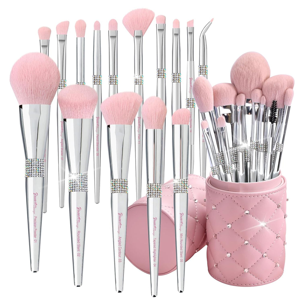 Set de Brochas de Maquillaje Bueart Design Rosa | Ultra Suaves con Portabrochas | para Base, Polvo, Rubor, Difuminado y Contorno | 15 Piezas Plateado/Rosa + Portabrochas